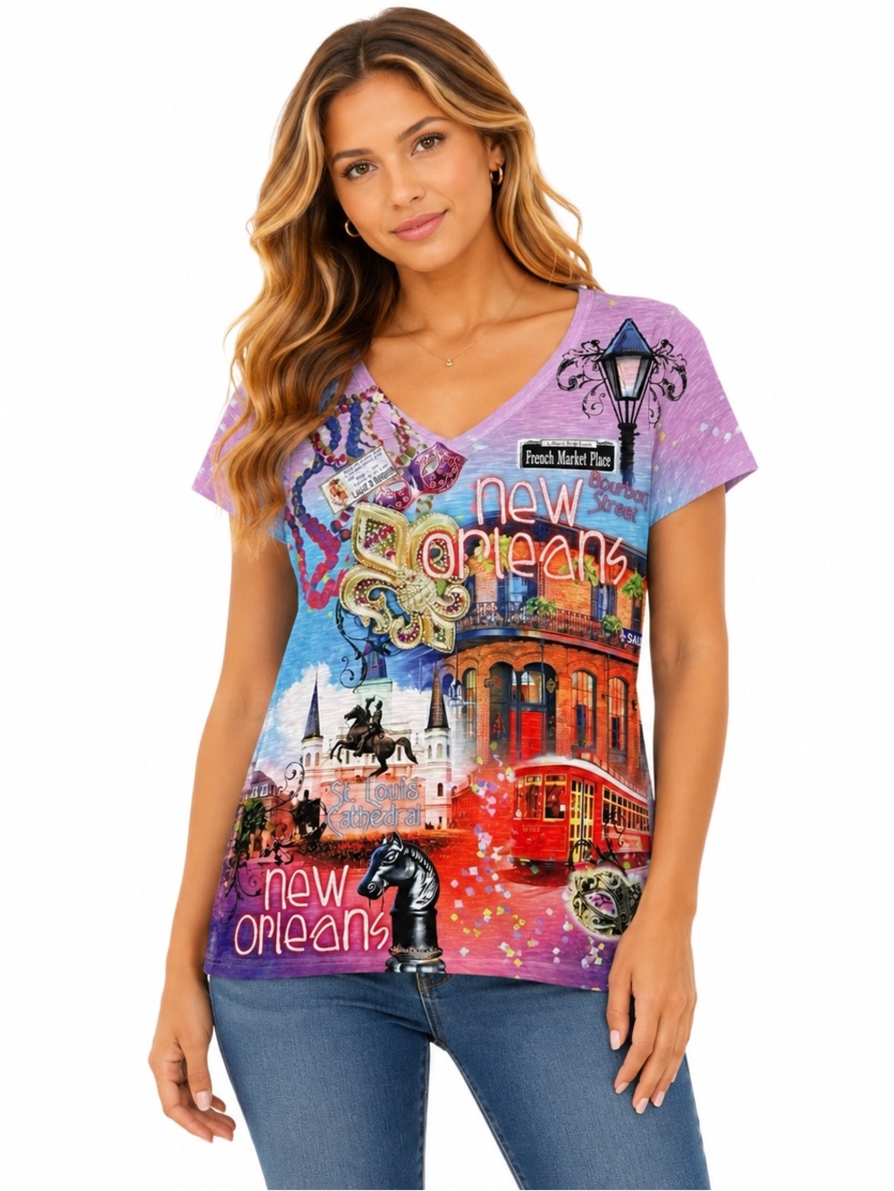 Sweet Gisele XL Shirt‎ Top Purple Landscape Cap Short Sleeve V Neck Embellished
